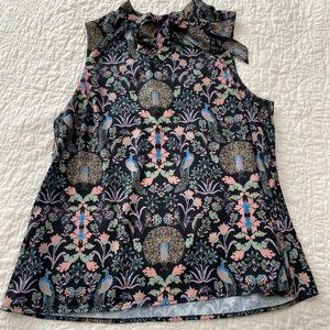 ModCloth Floral Peacock Print Sleeveless Tie Neck Blouse Large